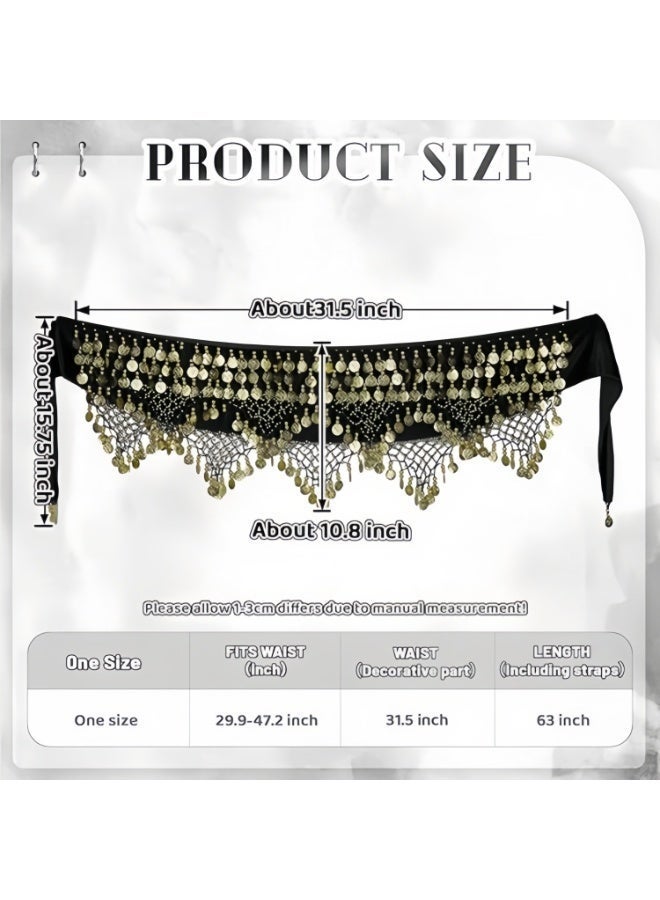 حِرَاس حزام الرقص الشرقي للورك مع 300 قطعة معدنية | مناديل رقص مصري ذهبية قابلة للتعديل للنساء | أسود لفعاليات وهزاز الوسط - Image 2